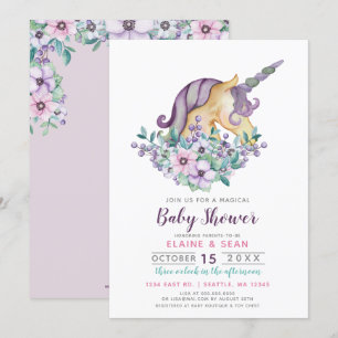 Beautiful Unicorn Purple Floral Girls Baby Shower Invitation