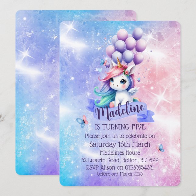 Beautiful Unicorn with Balloons Theme Invitations  (Front/Back)