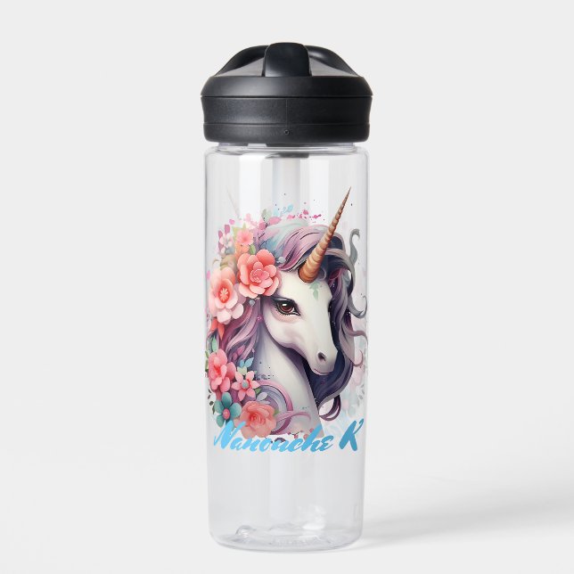 beautiful unicorn with flowers  water bottle (Front)