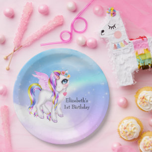 Beautiful Unicorn with Rainbow Mane Birthday Paper Plate