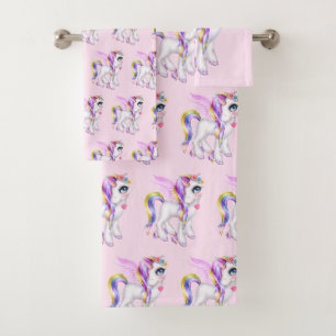 Beautiful Unicorn with Rainbow Mane Pattern Bath Towel Set