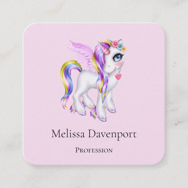 Beautiful Unicorn with Rainbow Mane Square Business Card (Front)