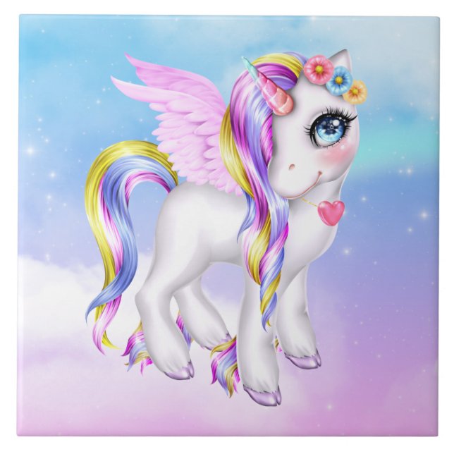Beautiful Unicorn with Rainbow Mane & Tail Ceramic Tile (Front)