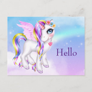 Beautiful Unicorn with Rainbow Mane & Tail Hello Postcard