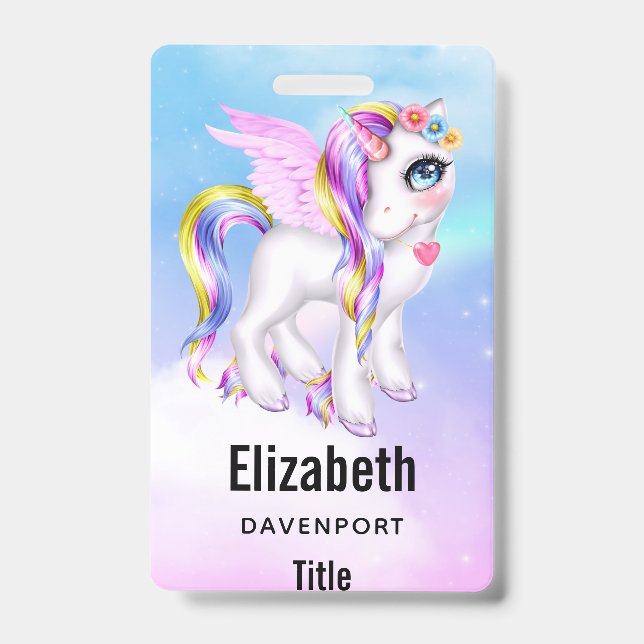 Beautiful Unicorn with Rainbow Mane & Tail ID Badge (Front)