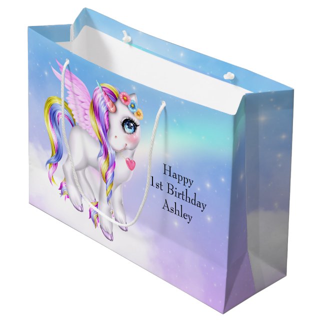 Beautiful Unicorn with Rainbow Mane & Tail Large Gift Bag (Front Angled)