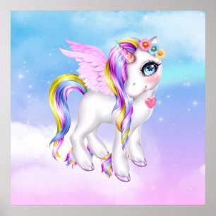 Beautiful Unicorn with Rainbow Mane & Tail Poster