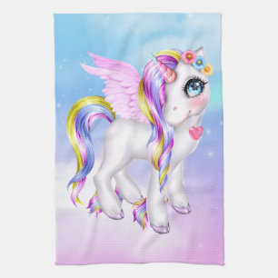 Beautiful Unicorn with Rainbow Mane & Tail Tea Towel