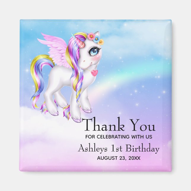 Beautiful Unicorn with Rainbow Mane Thank You Magnet (Front)