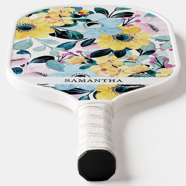 Beautiful unique blue & yellow floral pickleball paddle (Laydown)