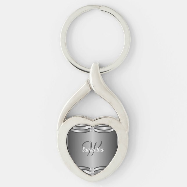 Beautiful Unique Geometric Silver Monogrammed Key Ring (Front)