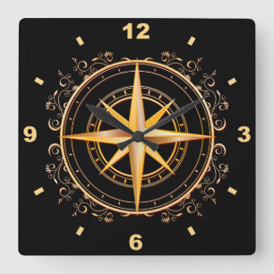 Beautiful Unique Gold & Black Compass  Antique ~ Square Wall Clock