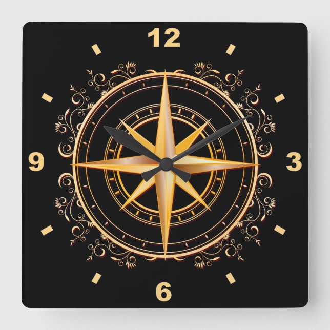 Beautiful Unique Gold & Black Compass  Antique ~ Square Wall Clock (Front)