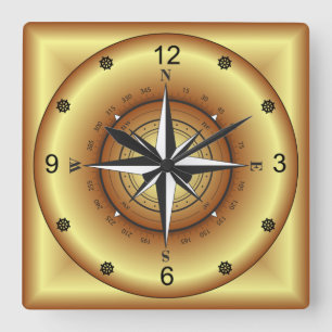 Beautiful Unique Gold & Black Compass Rose ~ Square Wall Clock