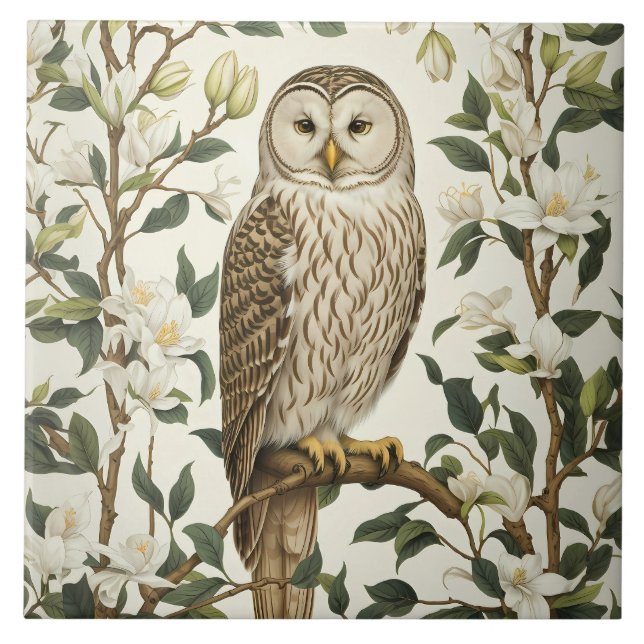 Beautiful Ural Owl And Magnolia Blossoms Ceramic Tile (Front)