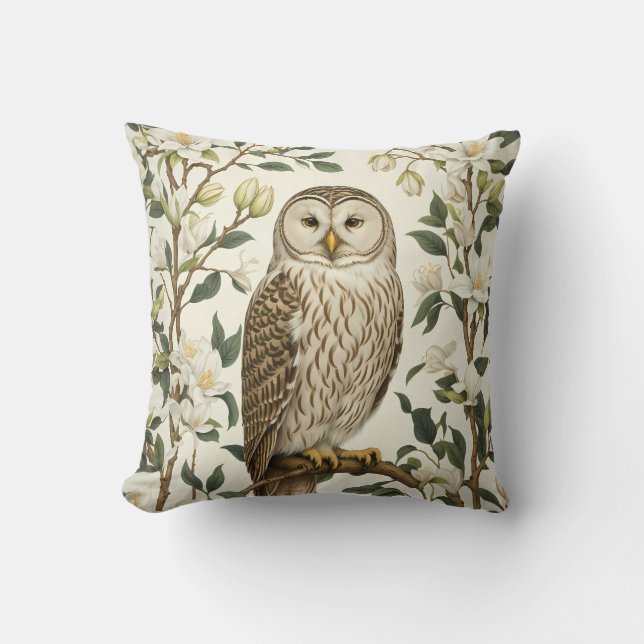 Beautiful Ural Owl And Magnolia Blossoms Cushion (Front)