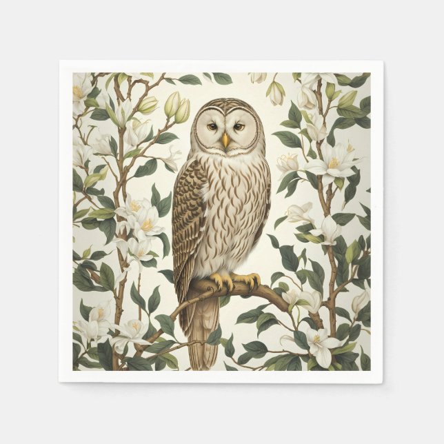 Beautiful Ural Owl And Magnolia Blossoms Napkin (Front)