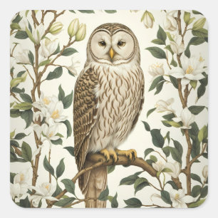 Beautiful Ural Owl And Magnolia Blossoms Square Sticker