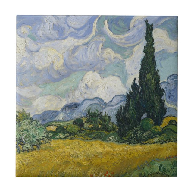 Beautiful Van Gogh Wheat Fields with Cypresses Ceramic Tile (Front)
