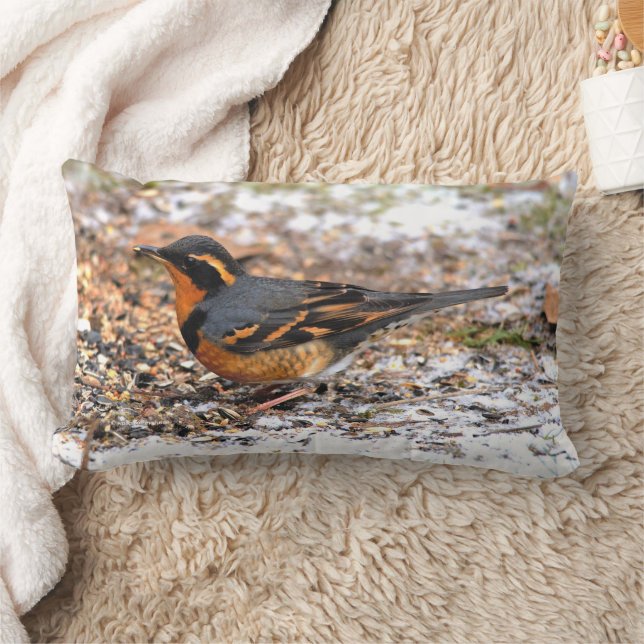 Beautiful Varied Thrush Songbird on Snowy Ground Lumbar Cushion (Blanket)