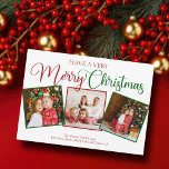 Beautiful Very Merry Christmas 3 Photo Collage Holiday Card<br><div class="desc">Have a Very Merry Christmas 3 photo card with beautiful calligraphy in red and green. This modern holiday three family photograph flat card features gorgeous script and your name underneath the festive square picture collage and a red back.</div>