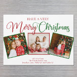 Beautiful Very Merry Christmas 3 Photo Magnet Card<br><div class="desc">Have a Very Merry Christmas 3 photo magnetic card with beautiful calligraphy in red and green. These modern holiday three family photograph magnets features gorgeous script and your name underneath the festive square picture collage.</div>