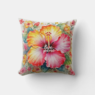 Beautiful vibrant LIVE PONO hibiscus flower design Cushion