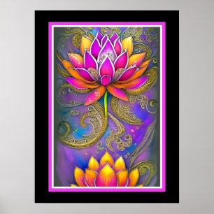 Beautiful Vibrant Pink Ornate Lotus Flowers Poster