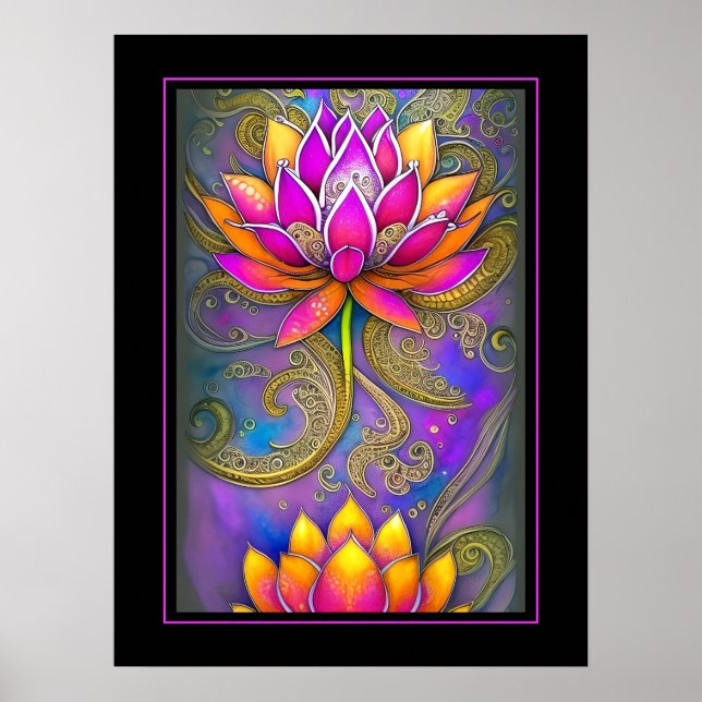Beautiful Vibrant Pink Ornate Lotus Flowers Poster (Front)