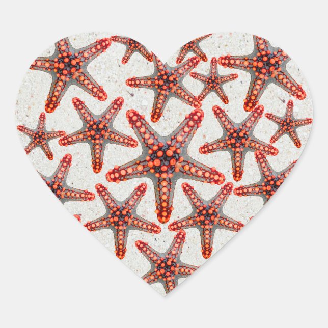 Beautiful Vibrant Red Starfish Sand Ocean Sealife Heart Sticker (Front)
