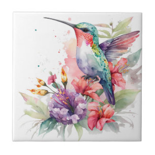 Beautiful Vibrant Watercolor Hummingbird Print Ceramic Tile