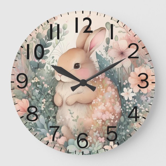Beautiful Vibrant Watercolor Rabbit Print Large Clock (Front)