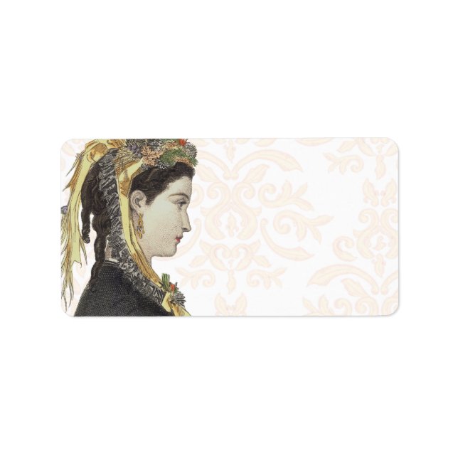 Beautiful Victorian Lady in Profile Damask Back Label (Front)