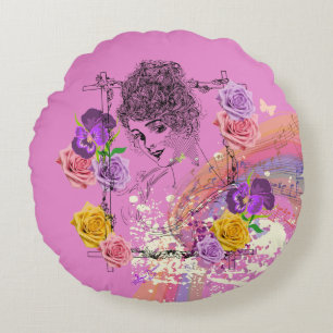 Beautiful Victorian Lady Pink Floral Round Pillow
