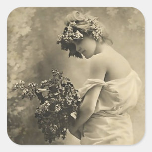 Beautiful Victorian Lady with cut flowers Square Sticker