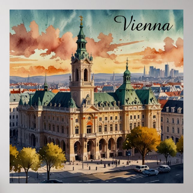 Beautiful Vienna Austria Watercolor City Painting  Poster (Front)