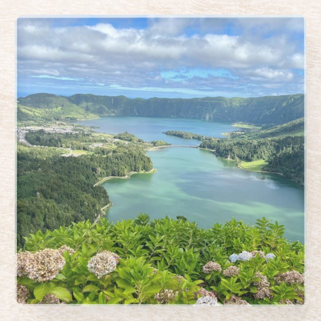 Beautiful View of Sete Cidades Caldera, Azores Glass Coaster (Front)