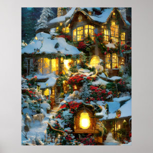 Beautiful village house at Christmas Poster
