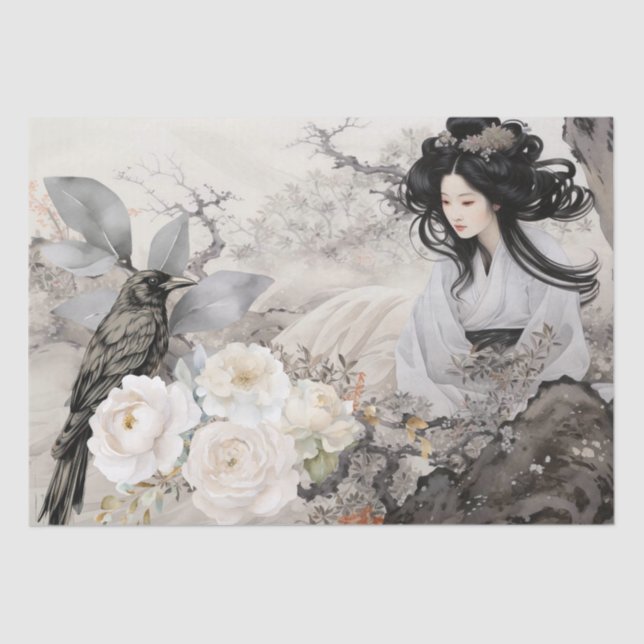 Beautiful Vintage Asian & Black Raven Tissue Paper (Front)