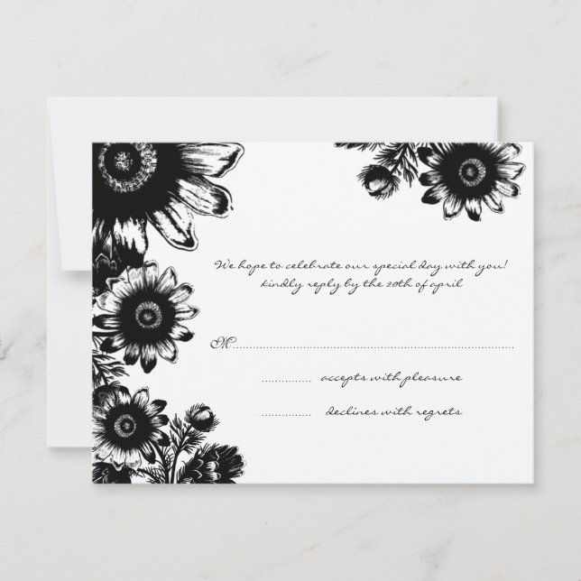 Beautiful Vintage Black Flower Wedding RSVP Card (Front)