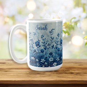 Beautiful Vintage Blue Tropical Hawaiian Flowered  Coffee Mug