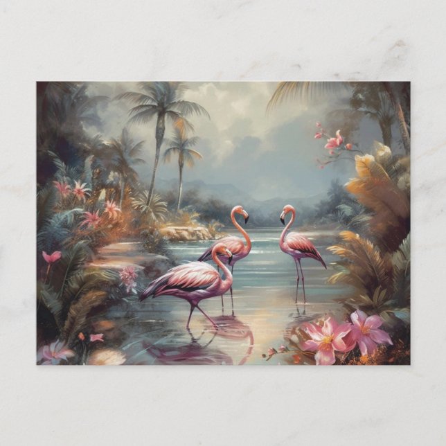 beautiful vintage botanical painting flamingos postcard (Front)