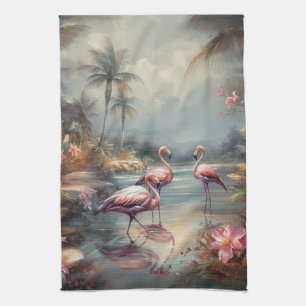 beautiful vintage botanical painting flamingos tea towel