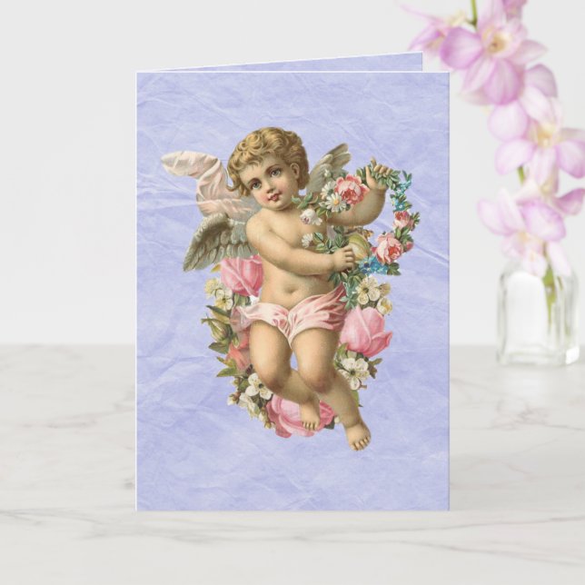 Beautiful Vintage Cherub / Angel with Flowers Card (Orchid)