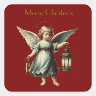 Beautiful Vintage Christmas Angel and Lantern Square Sticker