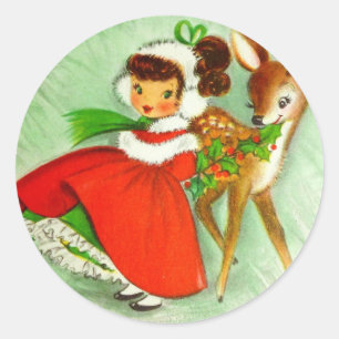 Beautiful Vintage Christmas Reindeer  &  Girl Classic Round Sticker