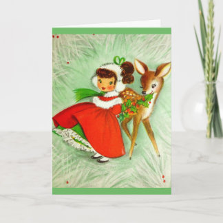 Beautiful Vintage Christmas Reindeer  &  Girl Holiday Card