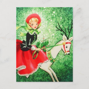 Beautiful Vintage Christmas Reindeer  &  Girl Holiday Postcard