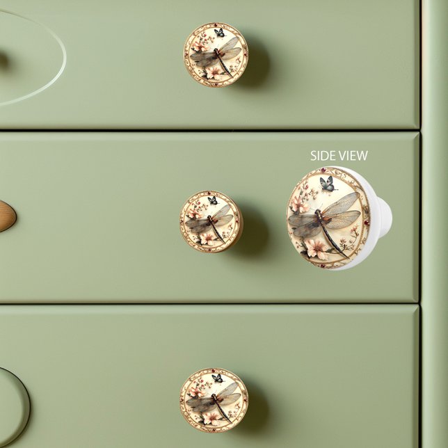 Beautiful Vintage Dragonfly Pink Flowers Butterfly Ceramic Knob (Creator Uploaded)