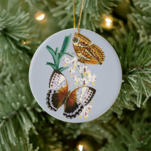 Beautiful Vintage Floral Butterfly Illustration Ceramic Ornament